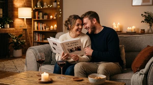 Couple laughing at a personalized funny anniversary gift book