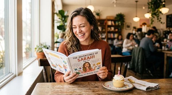 Woman laughing while reading a personalized funny book gift