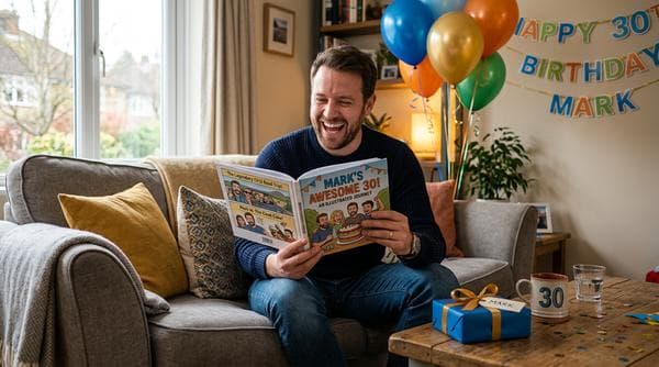 Man opening a personalized birthday gift and laughing
