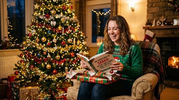 Person opening a funny personalized Christmas gift book