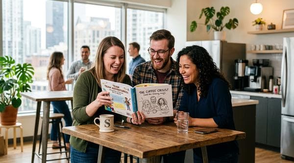 Coworkers laughing at a funny personalized gift in the office