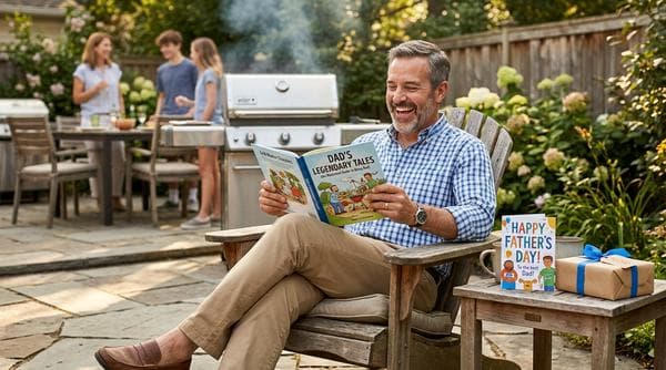Dad laughing while reading a personalized funny Father's Day book