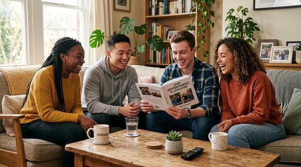 Group of friends laughing at a funny personalized gift