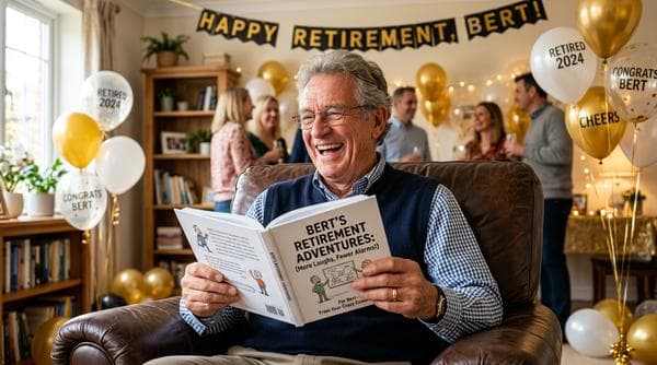 Retiree holding a personalized funny book as a retirement gift