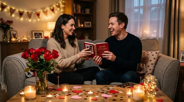 Couple sharing a laugh over a personalized Valentine's Day book
