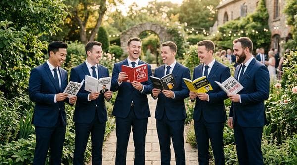 Wedding party holding personalized funny books as gifts
