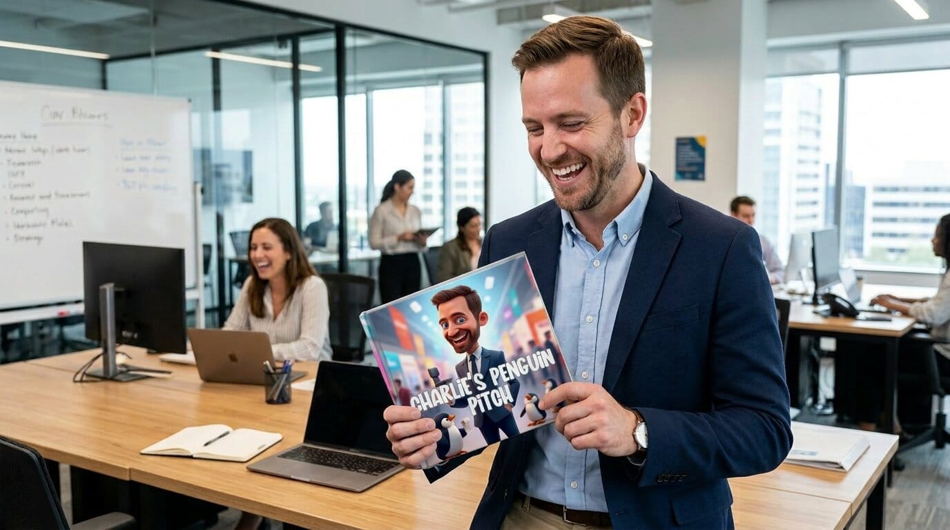 Man laughing while holding a personalized corporate gift book in a modern office