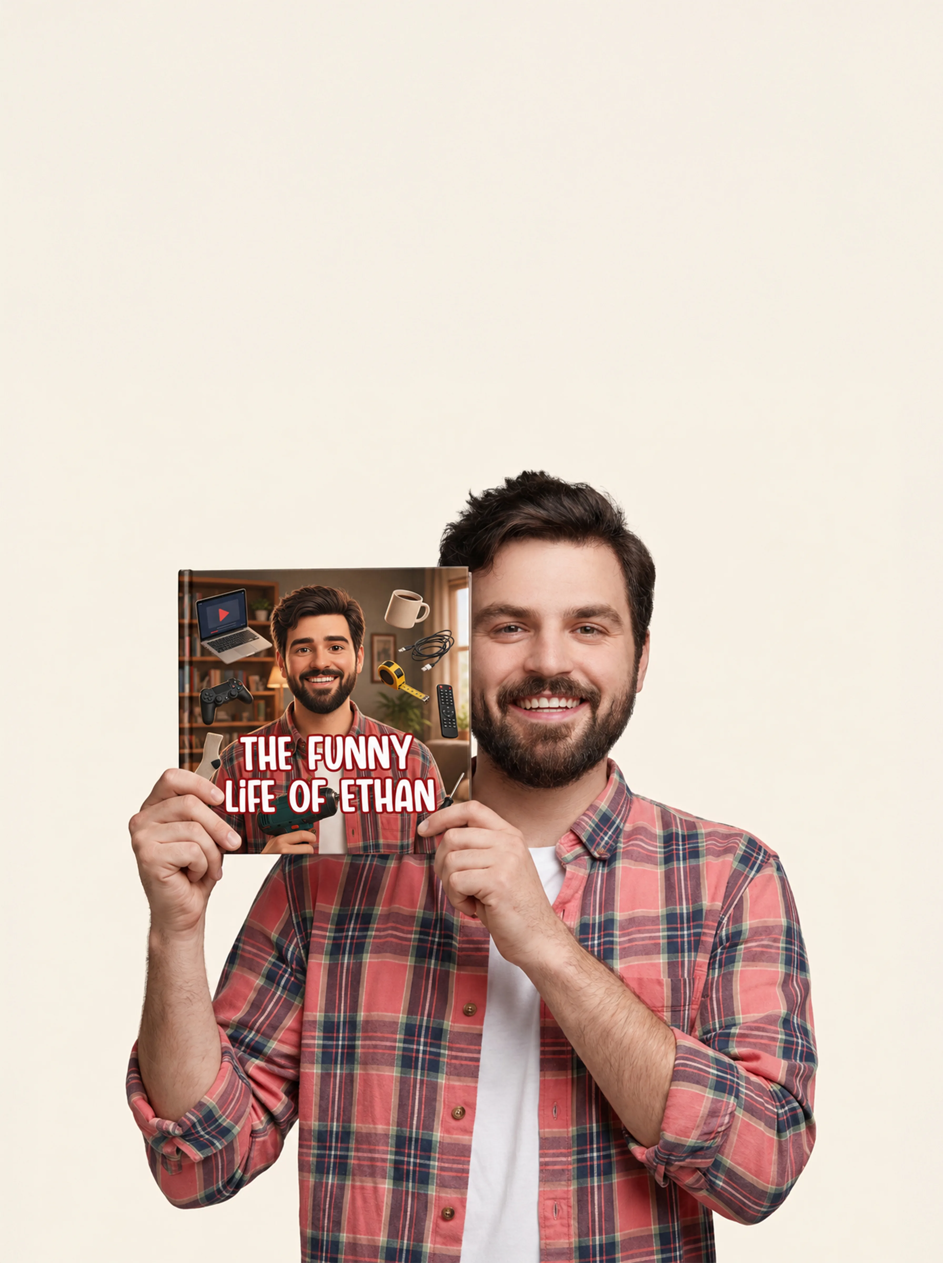 A man holding his personalized Lovabook gift book, "The Funny Life of Ethan"