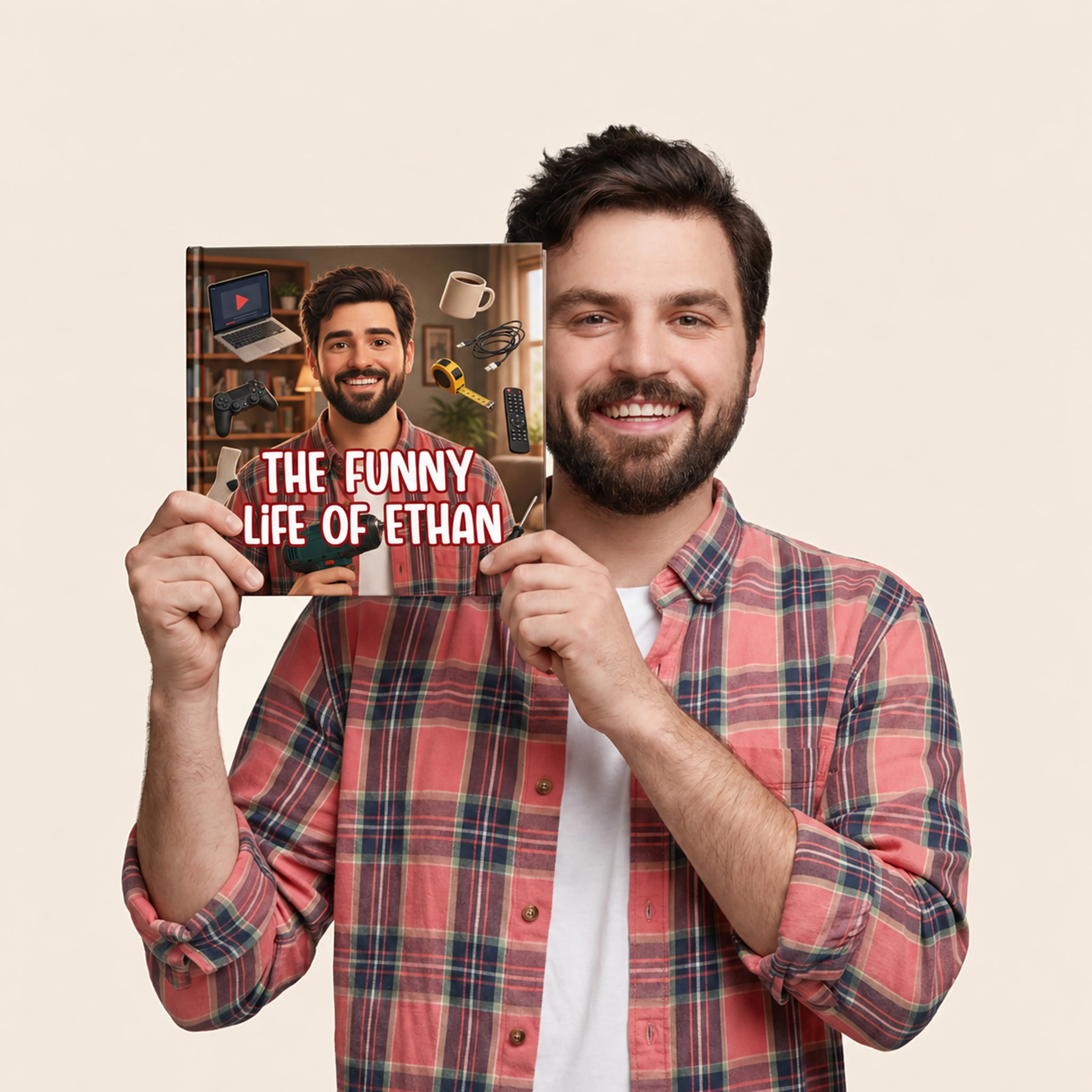 A man holding his personalized Lovabook gift book, "The Funny Life of Ethan"